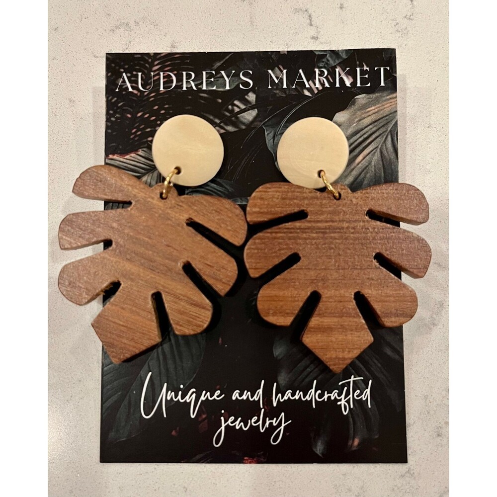 Wood Monstera Statement Earrings